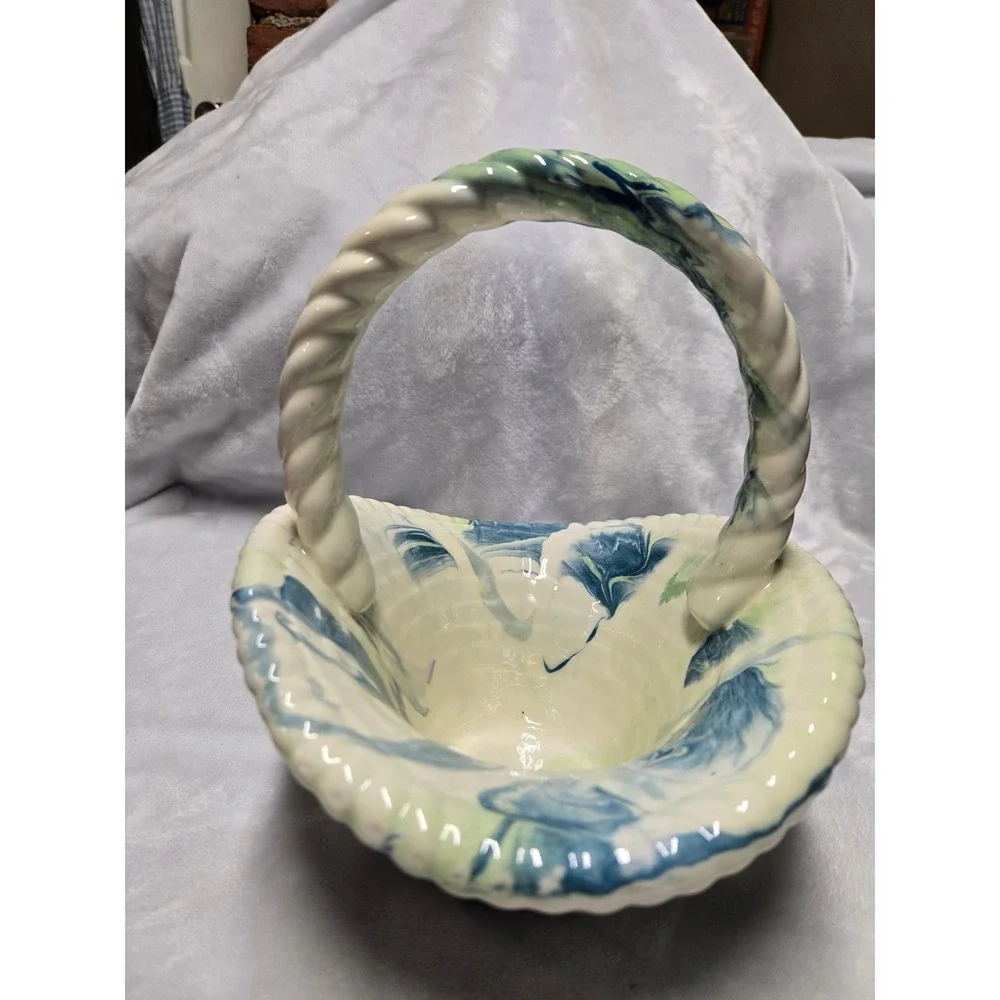 Vintage Signed Ceramic Marbled Blue Green Swirl Woven Basket Twisted Handle